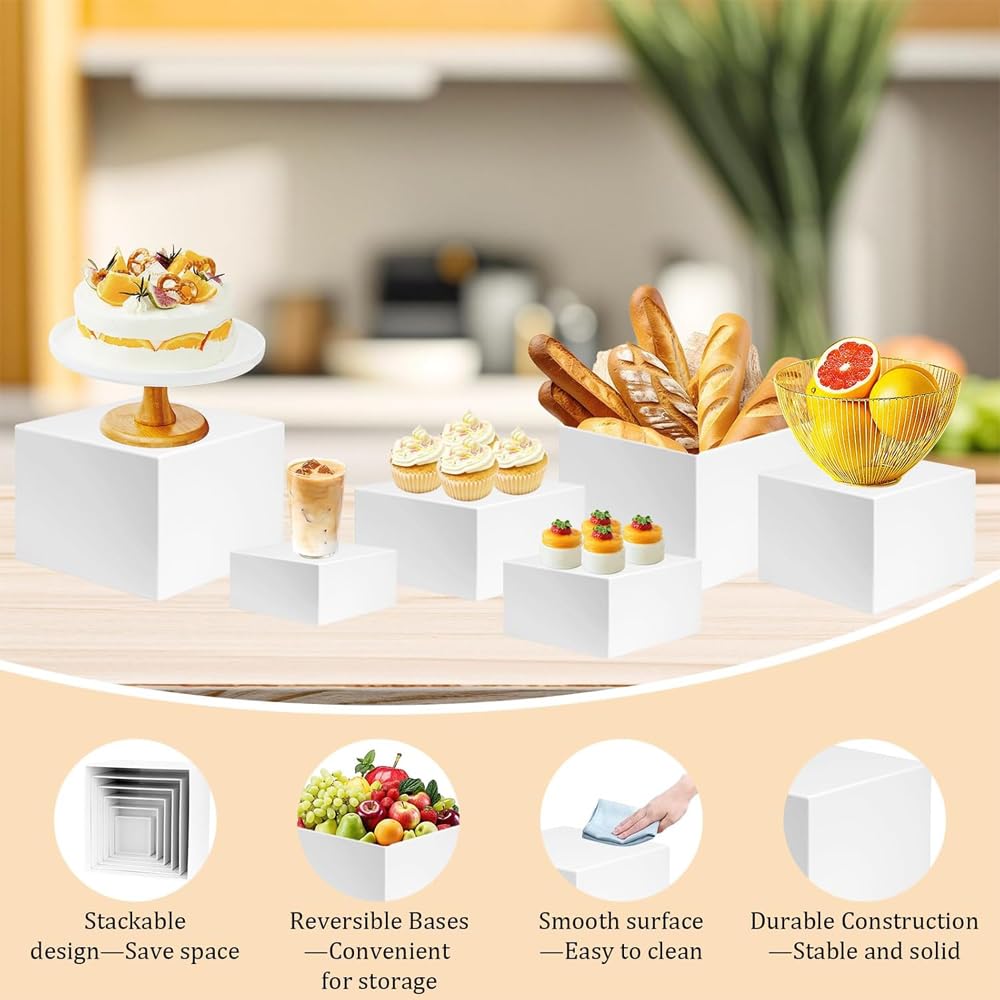 6 Pcs Buffet Risers White Acrylic Display Stands Cube Boxes with Hollow Bottoms Decorative Stand 6 Sizes for Jewelry Candy Table Decor Box Food Riser Party Case Cake Tables