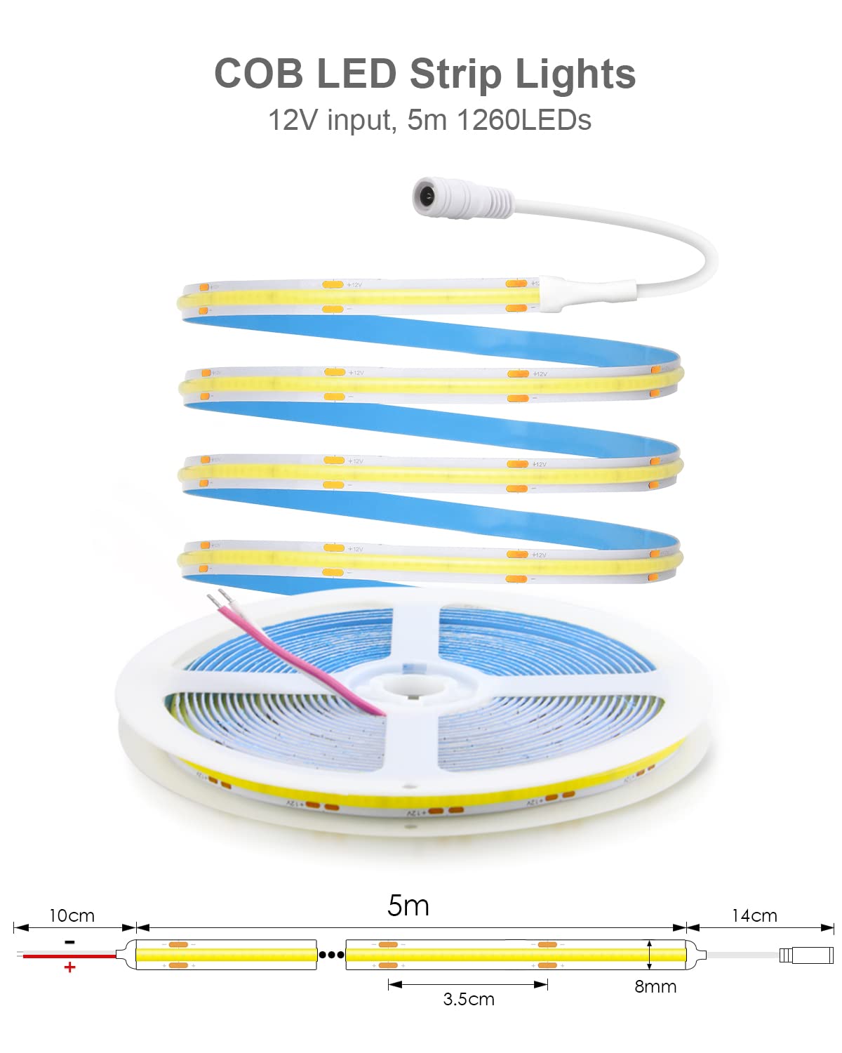 ALITOVE Dimmable COB LED Strip Lights Warm White 3000K 16.4ft 5m 12V CRI 90+ Flexible Under Cabinet Tape Light for TV Backlight Bedroom Kitchen with DIY Accessories Power Adapter Dimmer