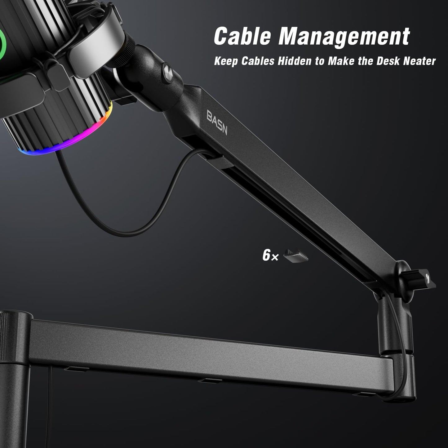 BASN Low Profile Mic Arm, Microphone Boom Arm Stand with Desk Clamp - Rotatable & Storable Design, Cable Management Channel, 3/8" to 5/8" Thread Adapter for Podcast, Gaming, Streaming, Vocal Recording