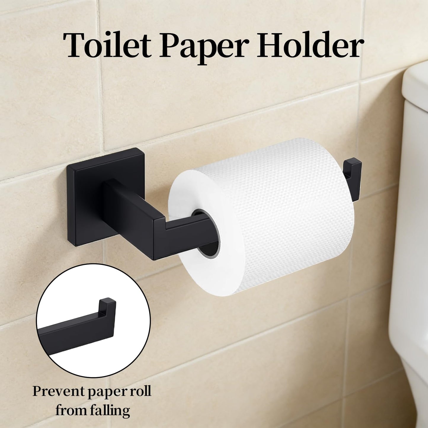 5-Piece Black Bathroom Hardware Accessories Set - 60cm/24inch Towel Bar, Toilet Paper Holder, 27cm Hand Towel Holder, 2 Wall Hooks, SUS304 Stainless Steel Bath Towel Bars Set, Screw-in Towel Racks Set