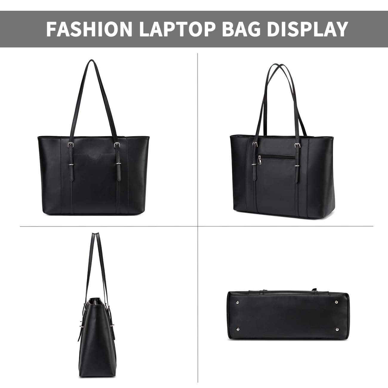 Laptop Tote Bag for Women, VASCHY PU Leather Water Resistant 15.6 inch Satchel, Large Teacher Shoulder Bag for Travel, Work Black
