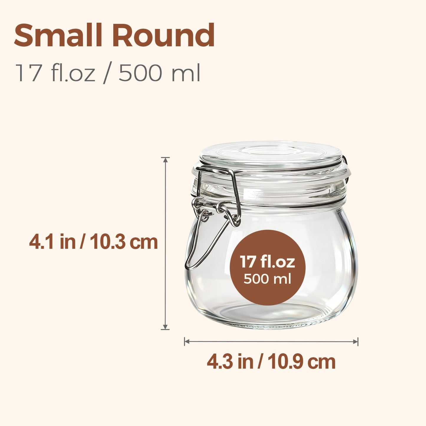 ComSaf Glass Food Storage Jar with Airtight Lid 500ML/17OZ Set of 6, Storage Canister Container Round with Clear Preserving Seal Clip Fastening for Kitchen and Pantry Organization Cereal, Coffee,
