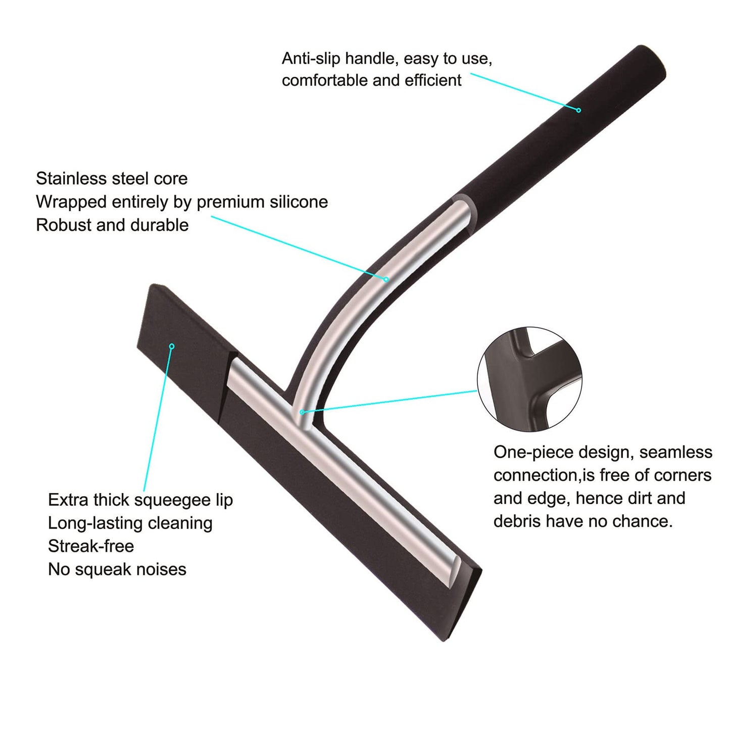 Anlynwooh Shower Squeegee,Matte Black 9-inch,Stainless Steel Core. Streak-Free Cleaning, No Squeak Noises,Silicone Rubber Squeegees for Shower Glass Door, Shower Cleaner,Glass Wiper