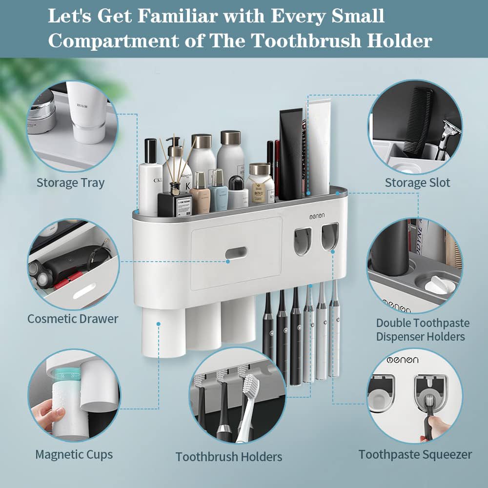 BHeadCat Toothbrush Holder Wall Mounted, Toothbrush Holder for Bathroom with 2 Automatic Toothpaste Dispensers,6 Toothbrush Slots,3 Magnetic Cups,1 Cosmetic Drawer Organizer and 1 Large Storage Tray