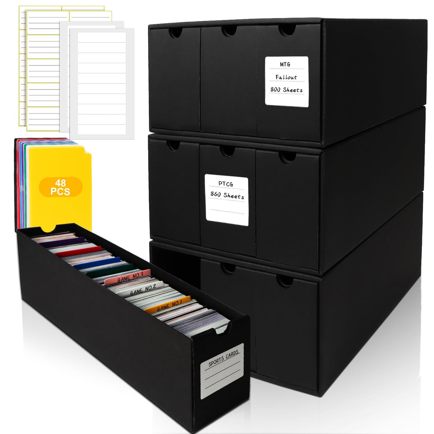 QLOUNI Trading Card Storage Box, Includes 12-600 CT Boxes & 48 Card Dividers, 12000+ Trading Card Organizer for Collectible Games, for TCG, YuGiOh, MTG, PTCG (9-600 CT Boxes)