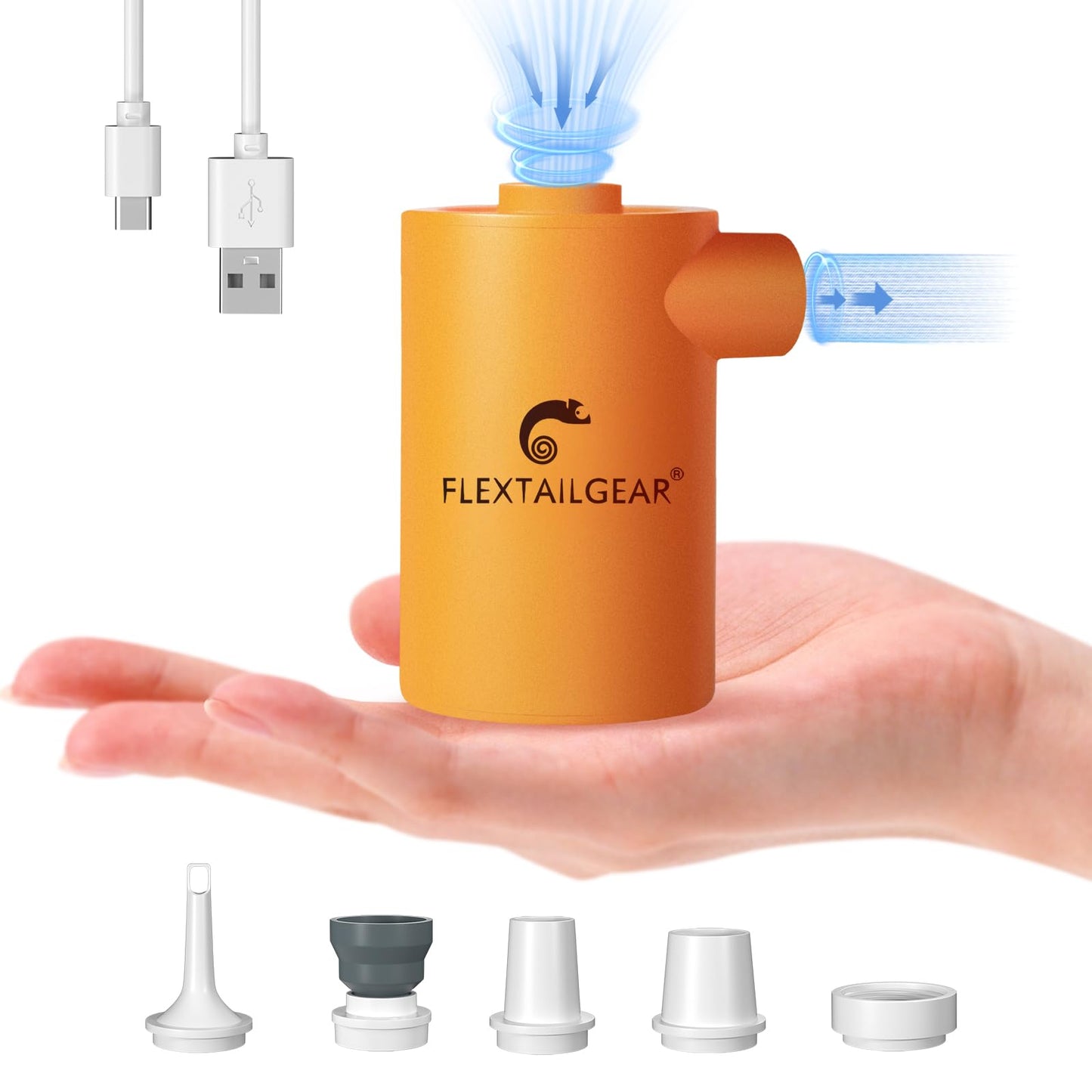 FLEXTAILGEAR MAX Pump 2020 Portable Air Pump with 3600mAH Battery USB Rechargeable Air Pump Inflate Deflate for Air Mattress, Pool Toys, Floats, Swimming Ring, Air Bed, Vacuum Storage Bags (Orange)