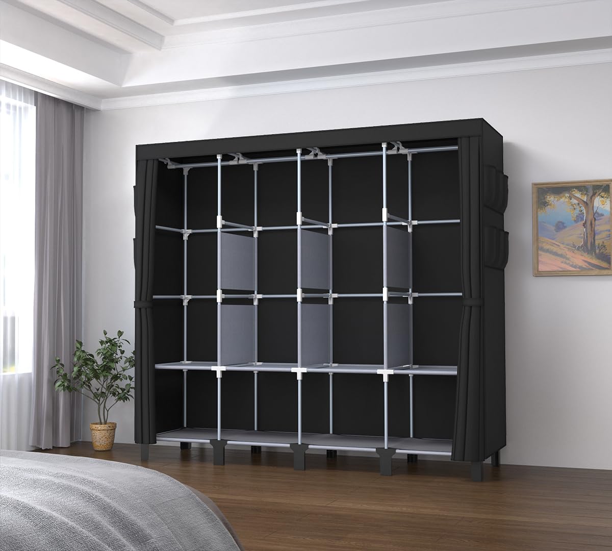 Portable Wardrobe, Large Capacity Closet Storage with Cloth Cover, Dustproof, Waterproof, Side Pockets, Simple Wardrobe Organizer, 51.2 inches, Depth 17.8 inches (Black, Extra Large)