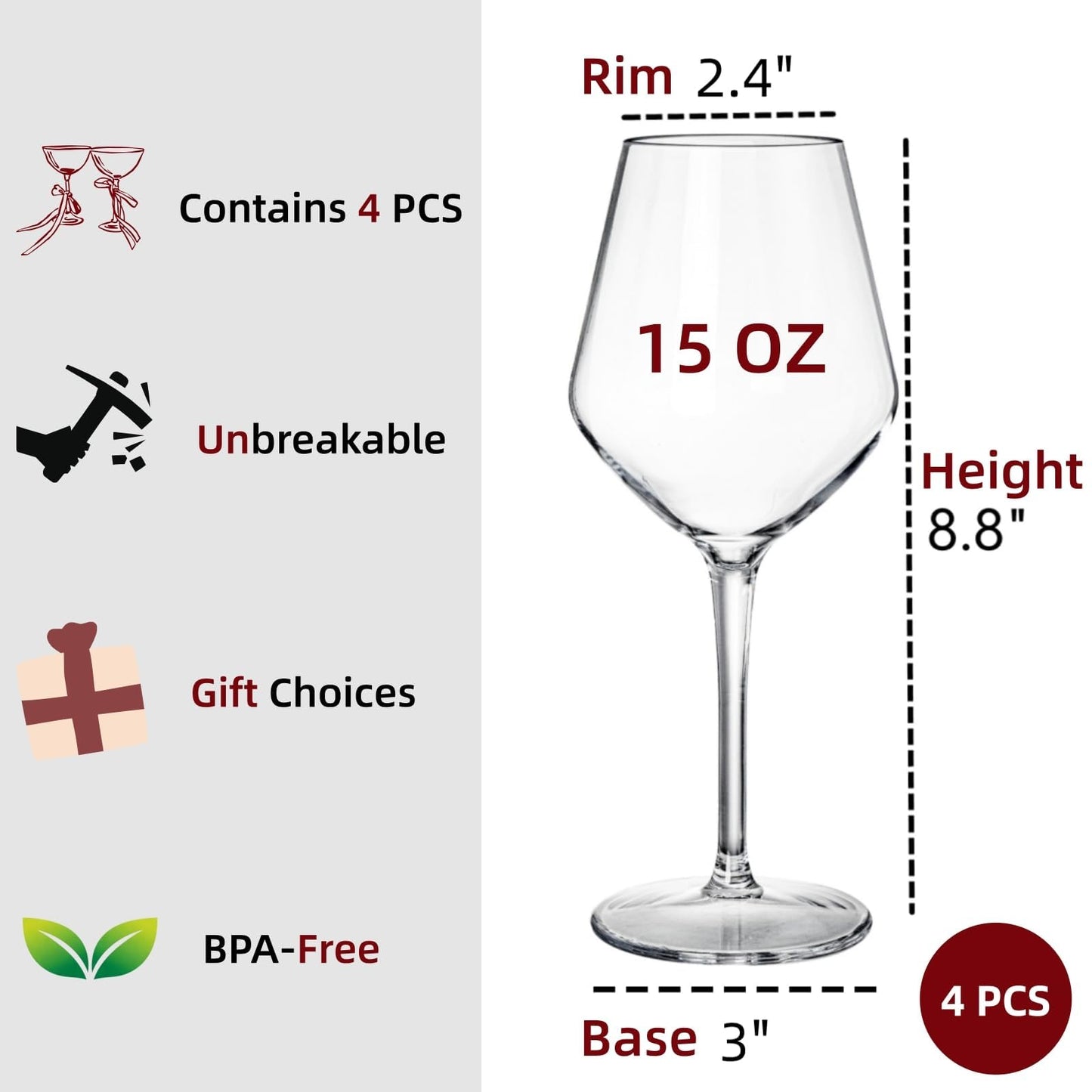Dicunoy Set of 4 Unbreakable Stemmed Wine Glasses, 15oz Plastic Outdoor Wine Glasses, Hard Plastic Goblets Glassware, Reusable, BPA-Free, Classic Wine Cups for Patio, Poolside, Camping