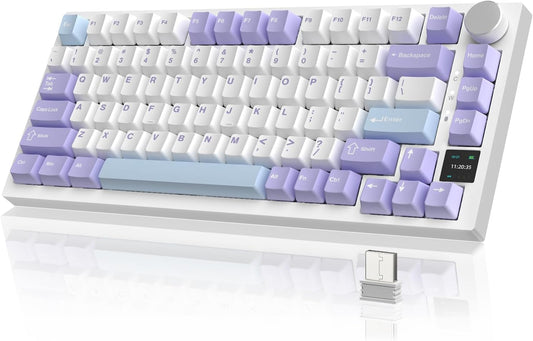 A.JAZZ AK820Pro Gasket Mechanical Gaming Keyboard 75%,TFT Display&Knob,Bluetooth/2.4GHz/USB-C,Hot Swap,5-Layer Sound Absorbing Foams,RGB Backlit,4000mAH Battery for Mac/Win,Flying Fish Switch-Purple
