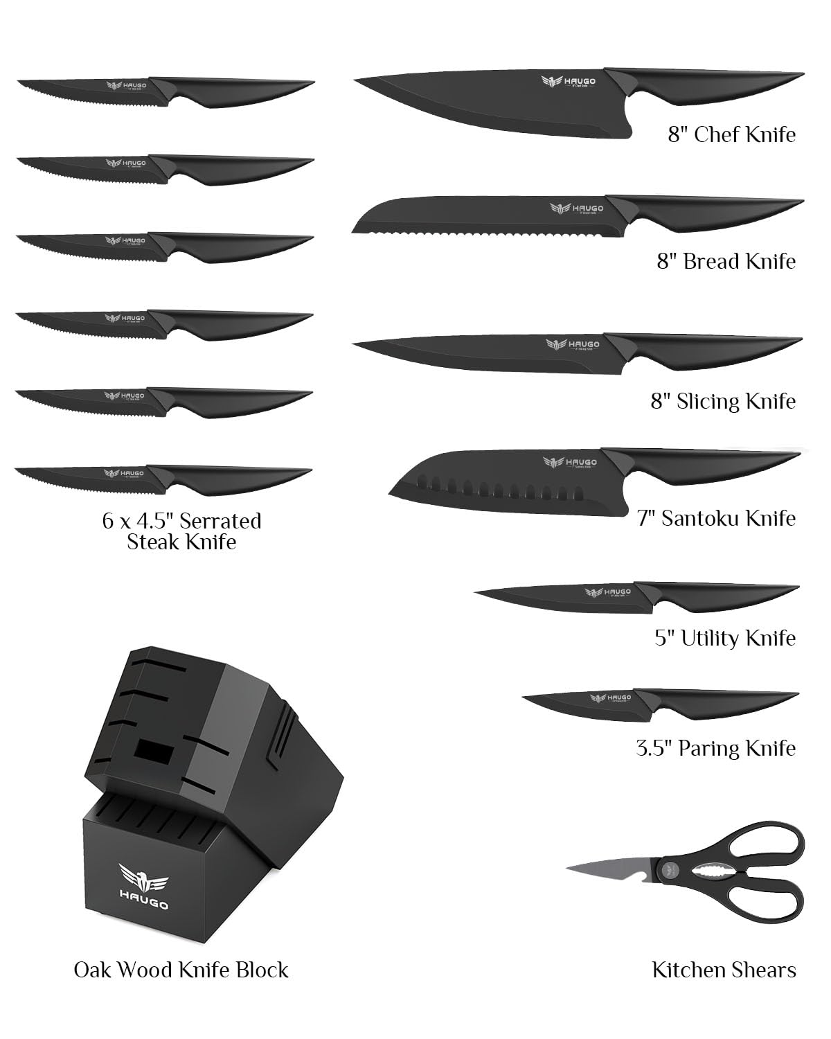 Haugo Kitchen Knife Set with Block: 15-Piece High Carbon Stainless Steel Professional Knives - Dishwasher Safe and Sharpener - Comfortable Grip Reduces Hand Fatigue 30% - Black Knife Set for Cooking