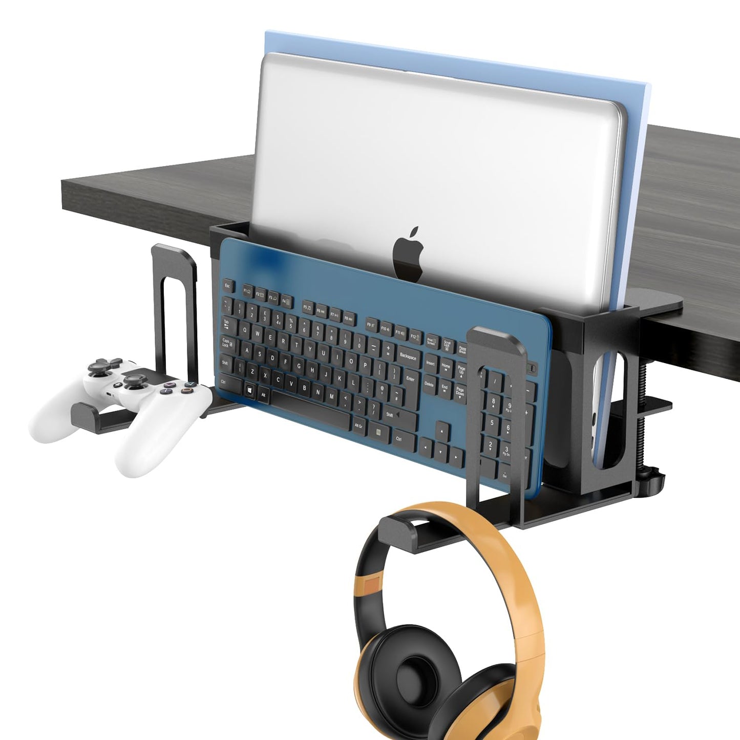 ROLIZOE 6 in 1 Adjustable Under Desk Laptop Holder with Keyboard Tray & Headphone Stand No Drilling Clamp On Magazine File Holder Vertical Laptop Stand Desk Side Storage Fits Up to 4.5cm Table Thick
