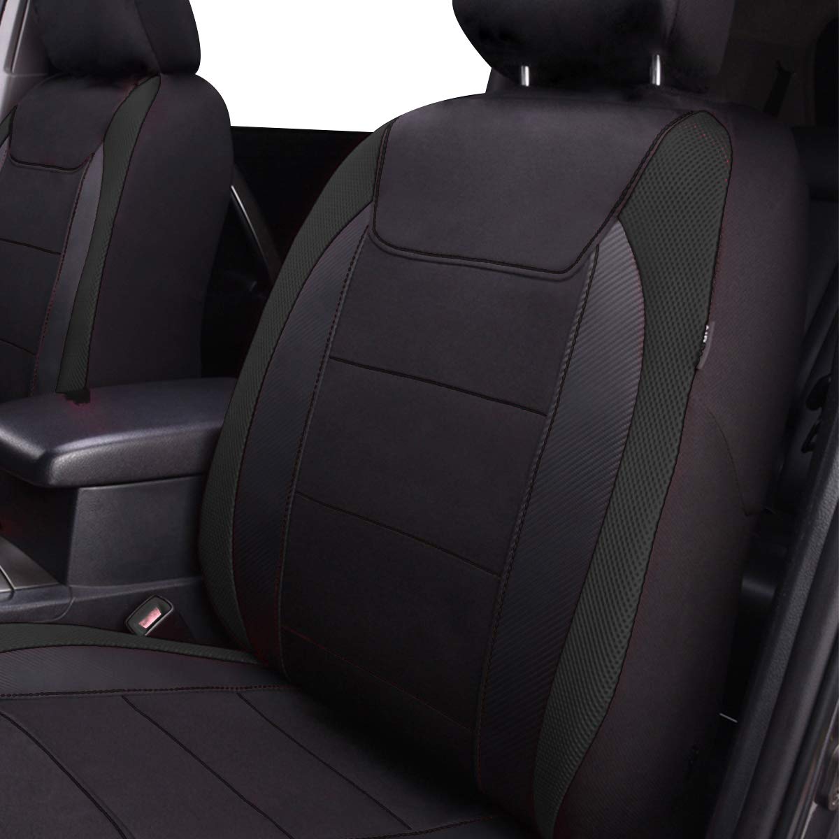 Flying Banner car seat Covers Quality Carbon Fiber Faux Leather Mesh Fabric Sport Low High Back Bucket Back Pocket Arm Rest Car SUV Truck Pick UP (2 Fronts - Low Bucket, Black)