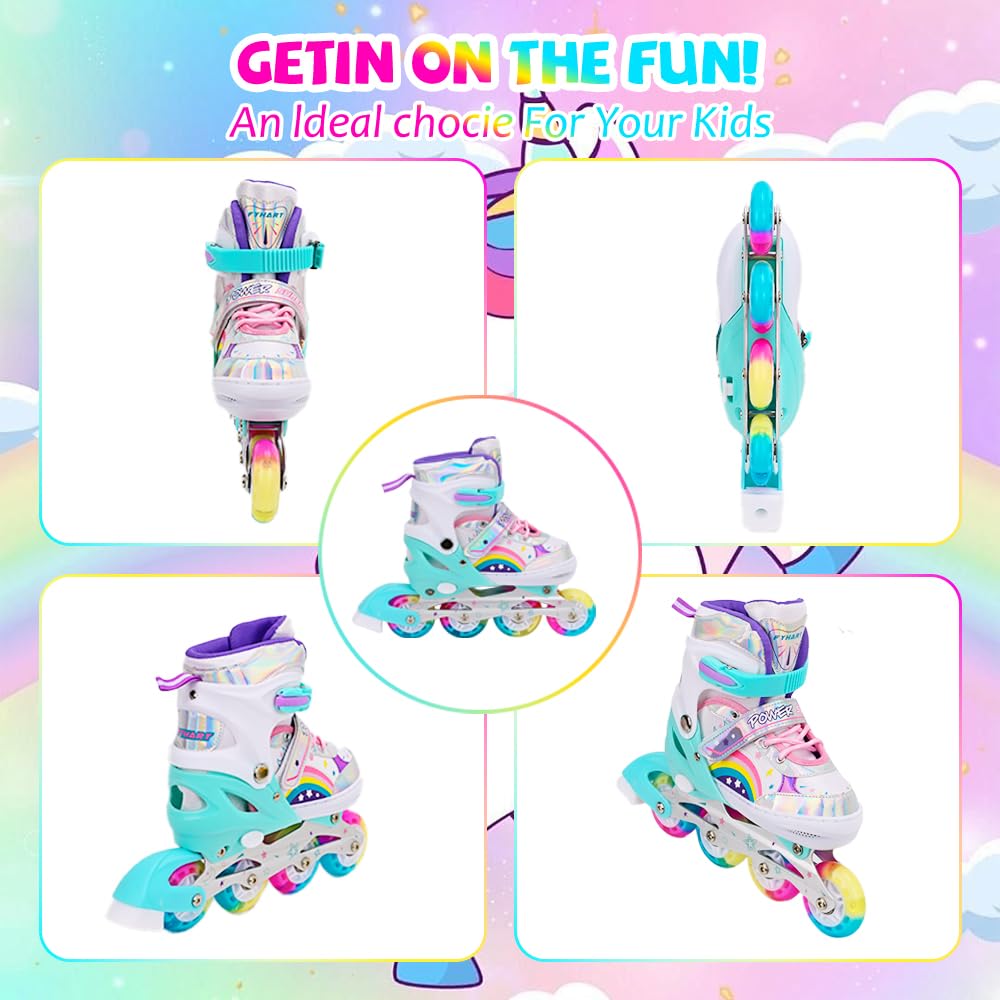 Adjustable Inline Skates for Kids Girls Children Beginners, Rainbow Inline Roller Skates with Light Up Wheels for Kids and Youth for Sports (Small)