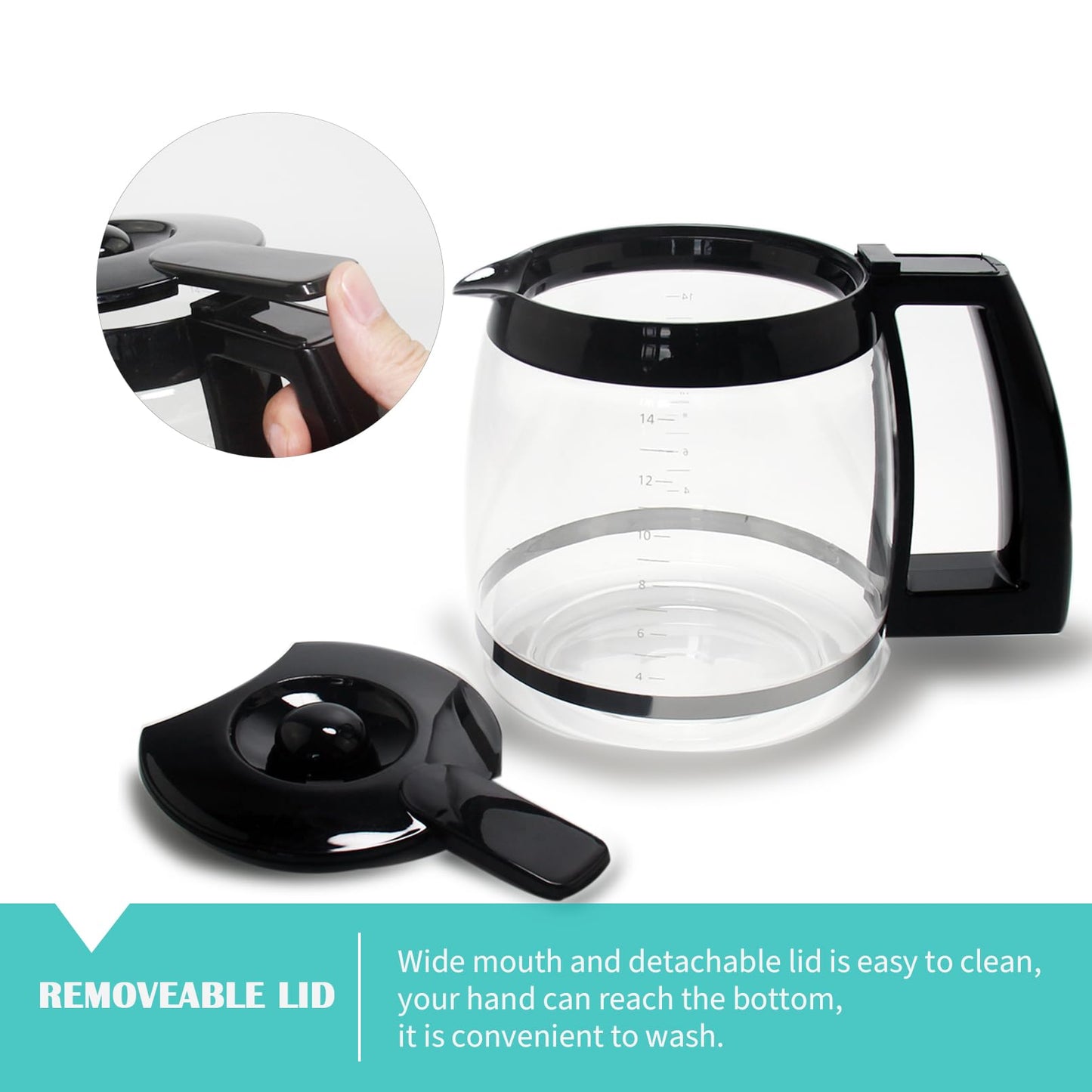 14-Cup Glass Replacement Coffee Carafe Compatible with Cuisinart Coffee Maker Models DCC-2200, DCC-2600, DCC-2800, DCC-3200, and DCC-3200P1, Coffee Pot Decanter Pitcher, Black Handle