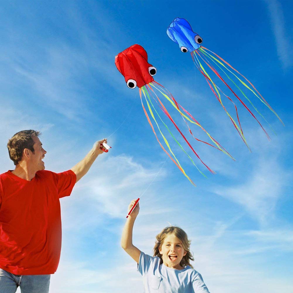 Set of 4 Large 157.5" High Cartoon Big Round Eyes Octopus Kites with Colorful Ribbon and Kite Board with 98.4 Foot String for Kids Toy Enjoy Parent-Child Time Beach Park Outdoor