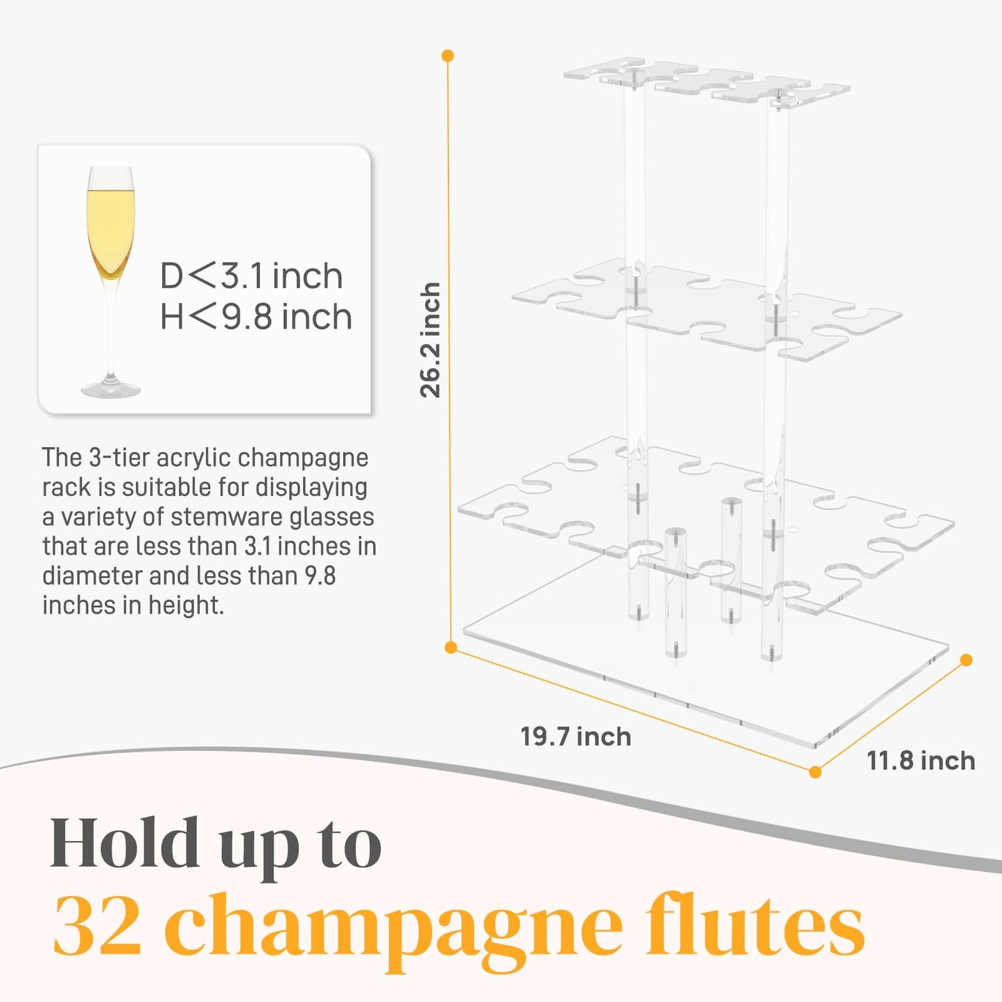 Nynelly Champagne Tower Stand for Party With 32 Slots, 3 Tier Acrylic Wine Glass Stemware Display Rack, Tabletop Champagne Flutes Display Holder with Led Strip, Cocktail Tree Stand