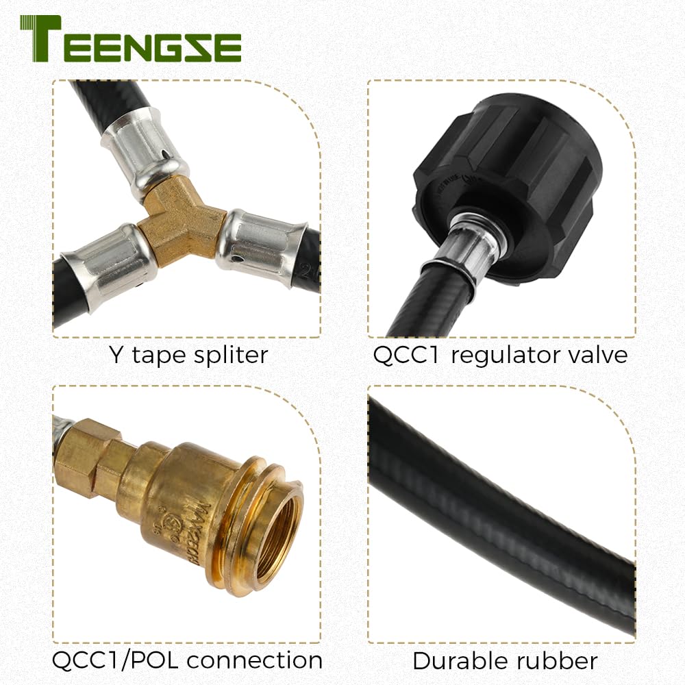 Teengse Y Shape Propane Splitter Hose Converter Adapter, QCC/POL Outlet and QCC Inlet, Propane Tank Regulator Valve for Heaters, Grills, Fire Pit, Gas Burner, Turkekey Fryer