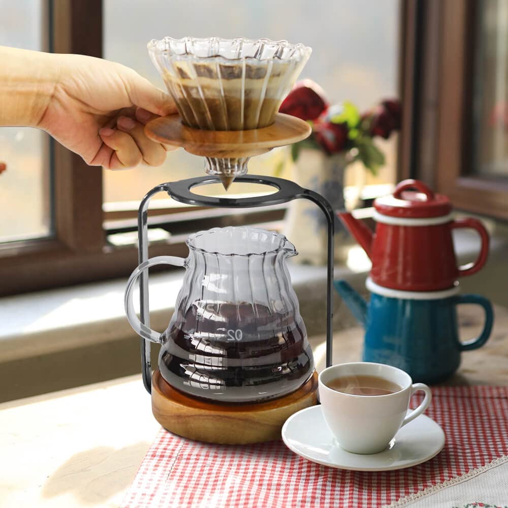 SOTECH Pour Over Coffee Station Dripper Stand Coffee Filter Wooden Filter Holder Glass Server with Paper Coffee Filters, Coffee Maker Stand Set