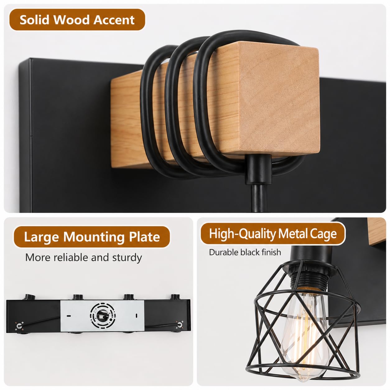 Farmhouse Vanity Light Fixture,3-Light Bathroom Lighting,Black Industrial Wood Wall Light Over Mirror with Metal Shade,Bulbs NOT Included