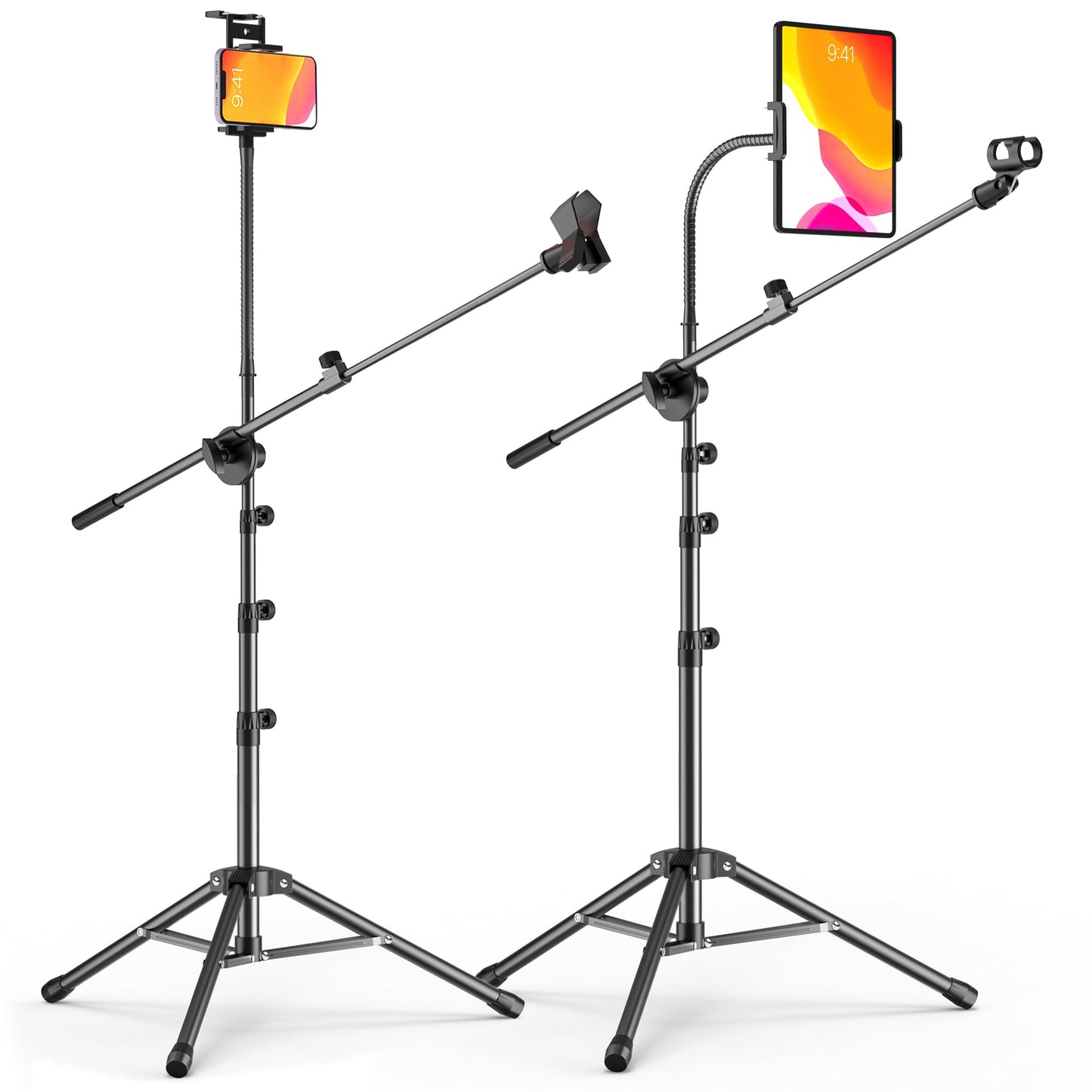 Microphone Stand with IPAD Clip, Floor Foldable Mic Stand with Phone Clip,Heavy Duty Tripod Boom Arm with 2 Mic Clips and Carrying Bag for Singing Karaoke Stage