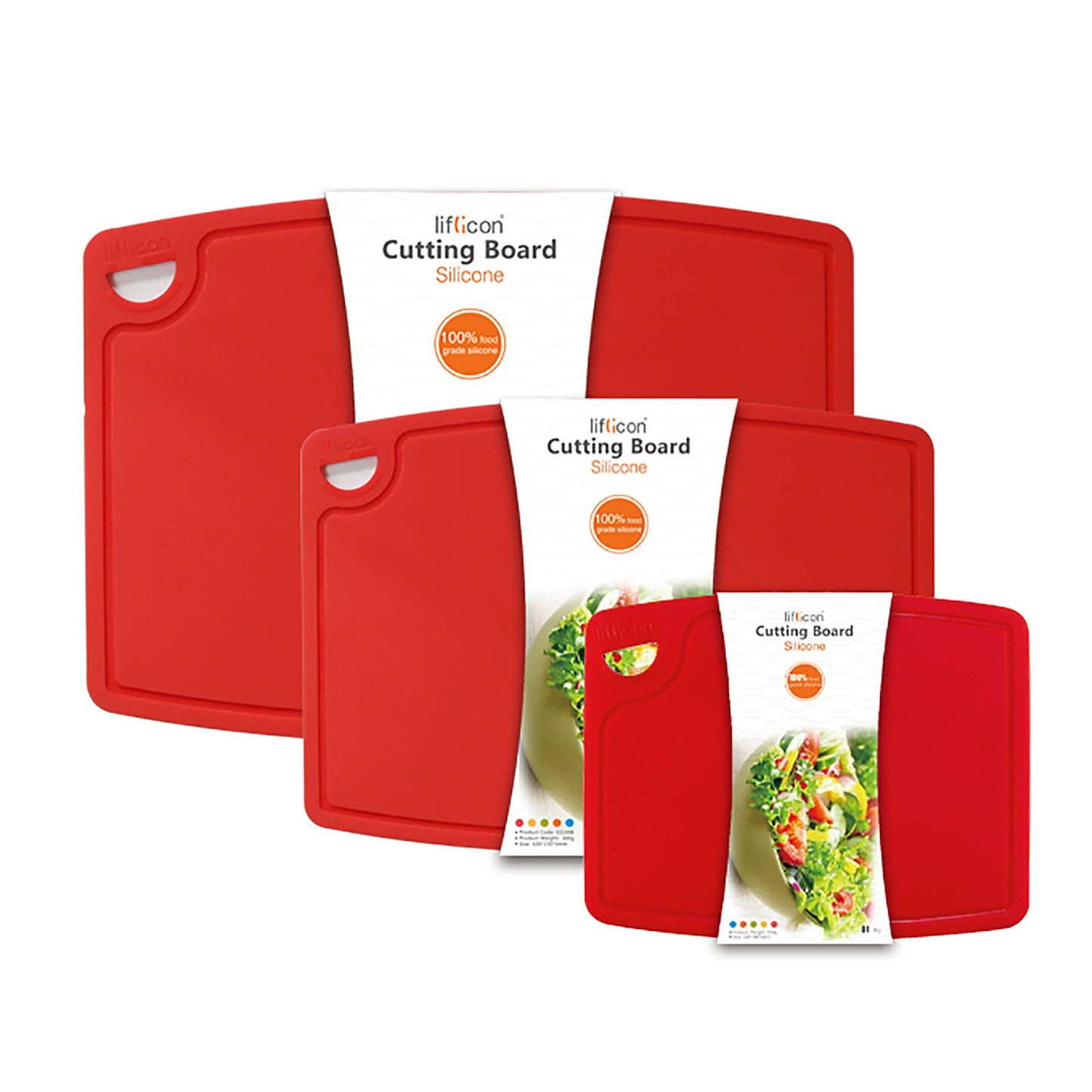 Liflicon Silicone Thick Cutting Boards Mats Set of 3pcs Foldable & Flexible Design Juice Grooves Easy Grip Handle Dishwasher Safe for Kitchen,BPA free Silicone Cutting Boards/Mats-Red