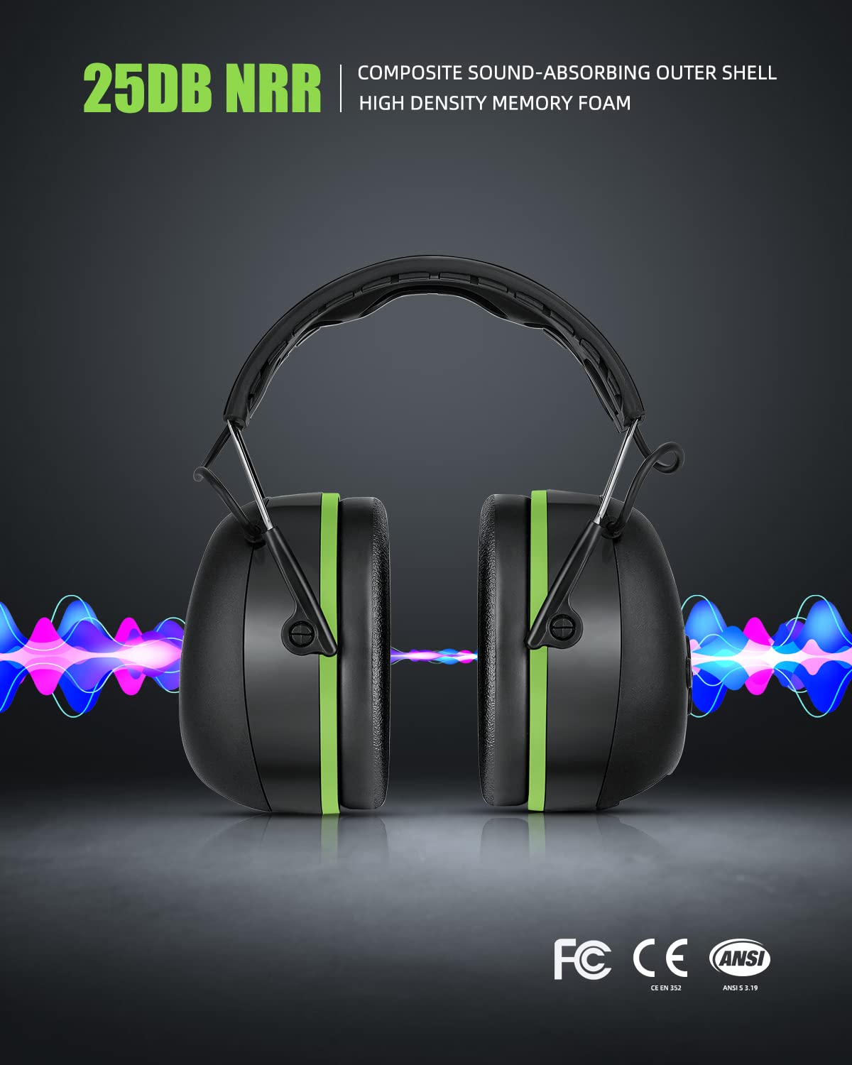 Hocazor HZ07 Bluetooth 5.3 Hearing Protection - Built-in 1500 mAh Rechargeable Battery Noise Cancelling Earmuffs NRR 25dB for Workshops, Green