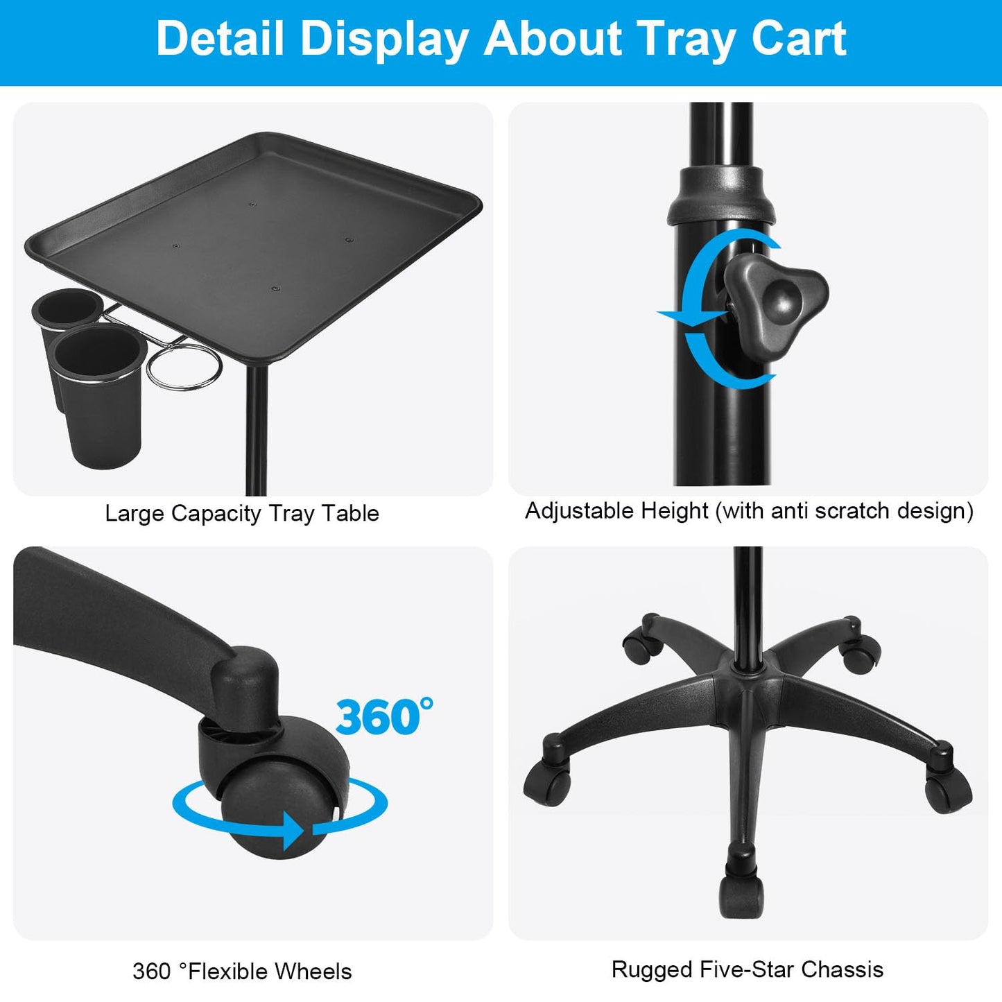JOSTZHXIN Salon Rolling Tray, Tattoo Tray Rolling Cart, Height Adjustable Styling Tray, Service Storage Tray Trolley for Beauty Salon Clinic Spa,Black-with Cup Holder