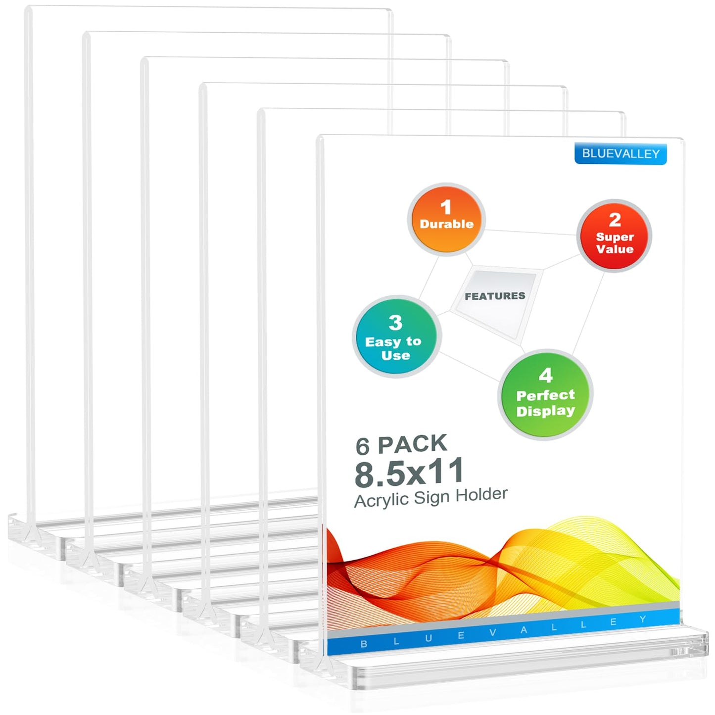 BlueValley 8.5x11 Acrylic Sign Holder Vertical, 6 Pack Clear Table Menu Signs Holder Plastic Paper Display Stand Double Sided Picture Frame Desktop Acrylic Stands for Office, Home, Restaurant, Retail, Show Fair