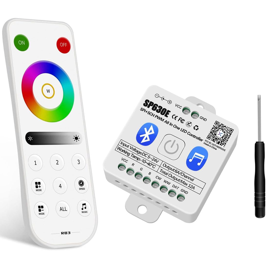 UCHARGE SP630E Bluetooth LED Controller Kit with RB3 RF Remote, 4 Zones App Control DC5V-24V for COB FCOB RGB RGBW Addressable LED Strip WS2812B WS2815 SK6812, Music Sync Smart Lighting