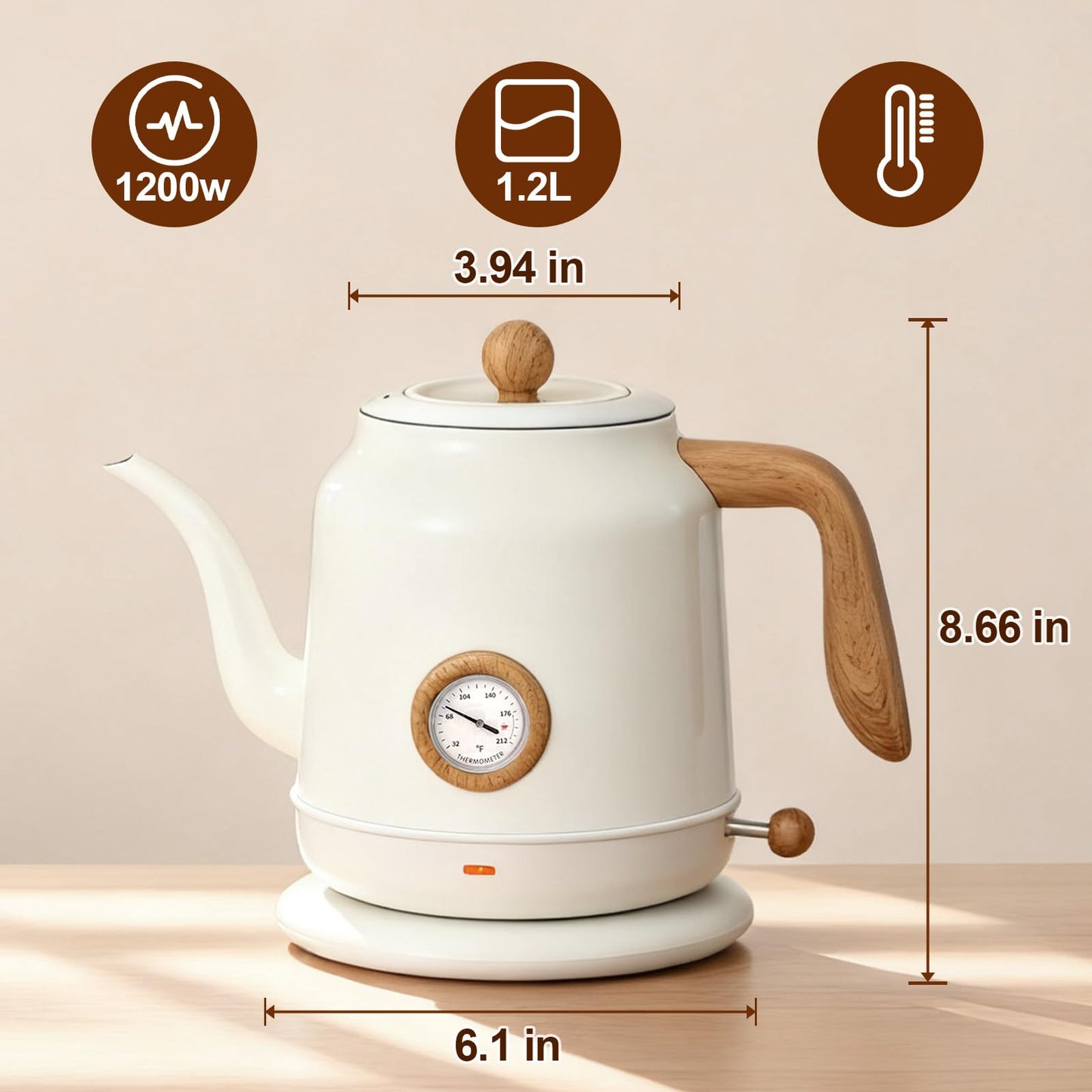 1.2L Electric Kettle, Gooseneck Kettle,Tea Pot with thermometer, Teapot Water Boiler Gooseneck Electric Kettles for Coffee & Tea