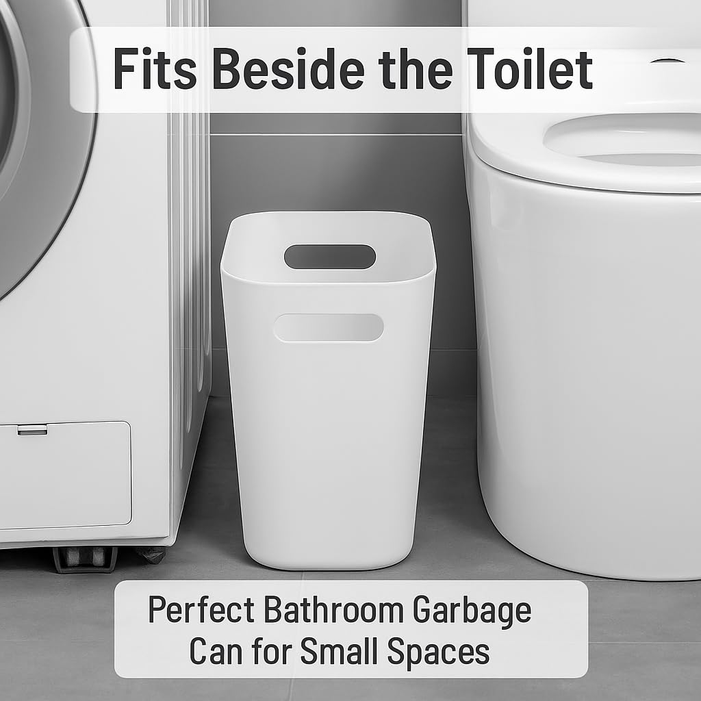Trash Can with Handle 4 Pack, 1.5 Gallon Slim Garbage Bin for Small Spaces, Rectangular Plastic Wastebasket for Bathroom, Bedroom, Office, Under Sink, Ivory