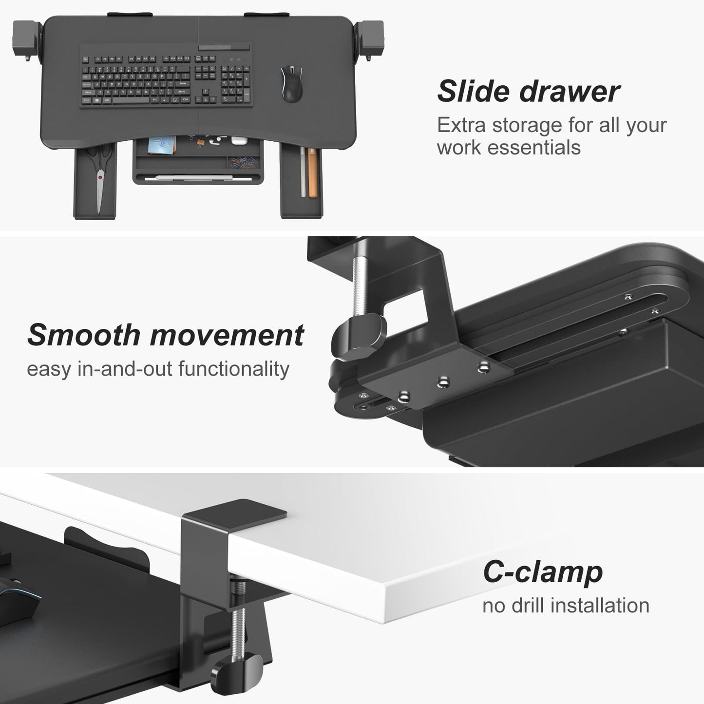 suptek Under Desk Keyboard Tray with Storage Drawer – 26.7" x 11.8" Large Workspace, Heavy-Duty C-Clamp Mount, Adjustable Height, Easy Installation – Perfect for Home Office, DSF6CT