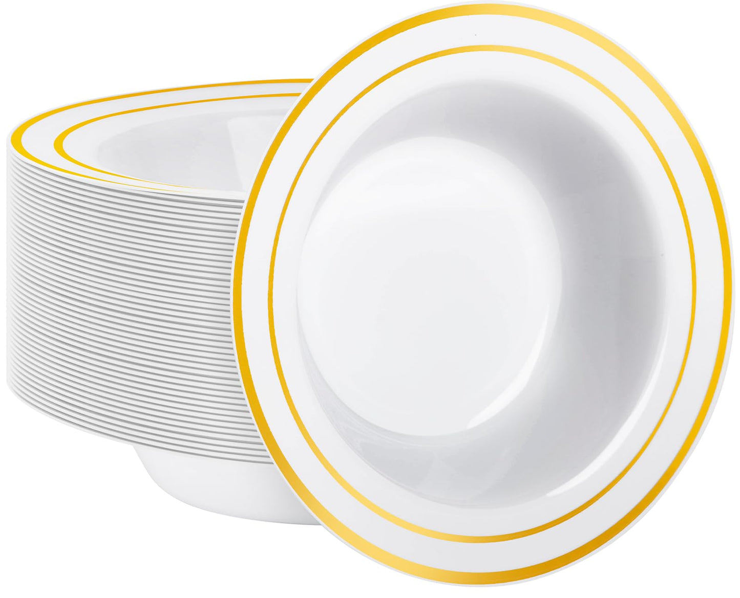 Goodluck 50 Pack Plastic Soup Bowls with Gold Rim, 12oz Disposable Soup Bowls, Heavy Duty Dessert Bowls for Weddings, Parties, Dinners, Catering, Thanksgiving and Everyday Use