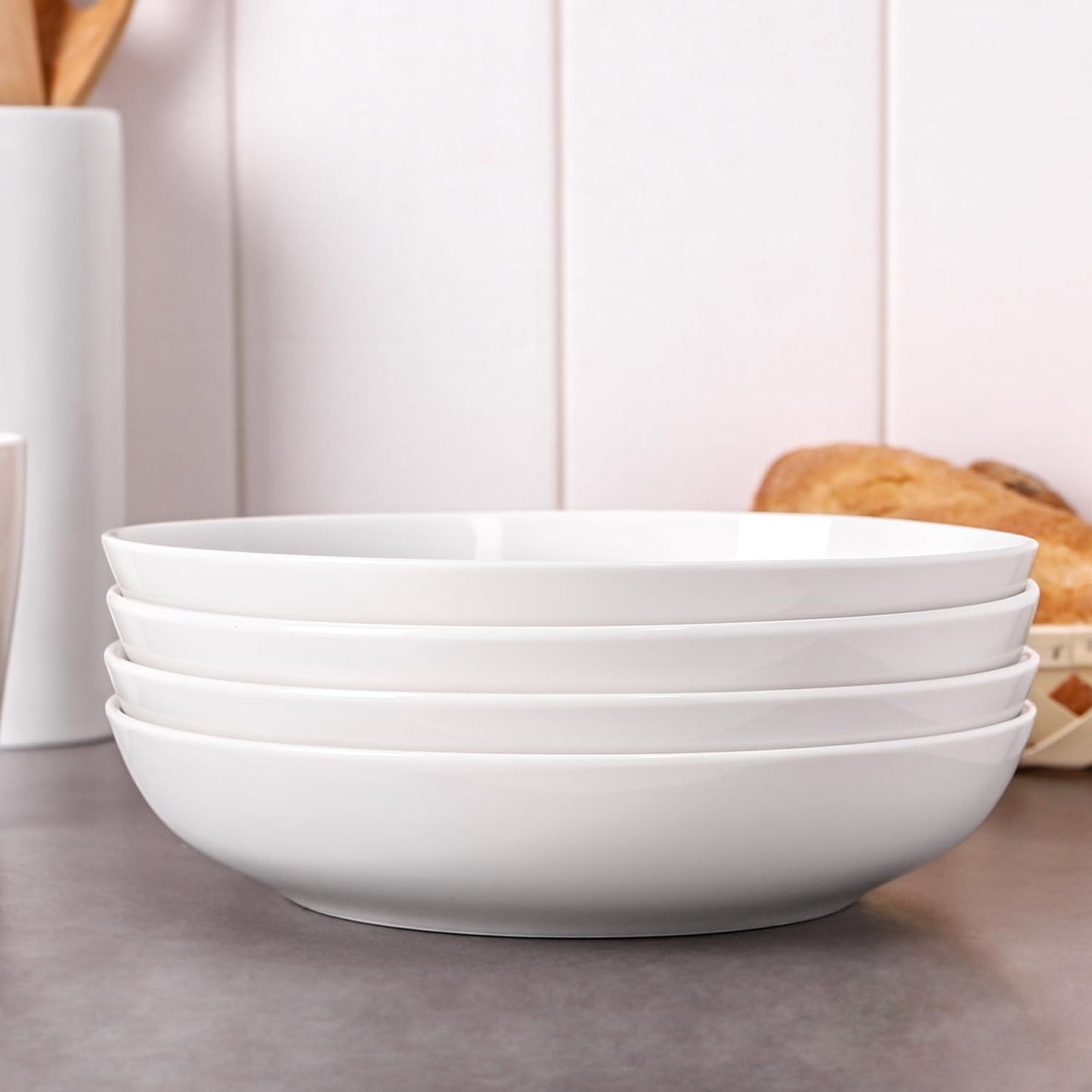 DOWAN 9.75" Wide Pasta Bowls, Ceramic Salad Bowls 50 Ounces, Large Serving Bowl Set of 4, Microwave and Dishwasher Safe, Shallow and Versatile, White