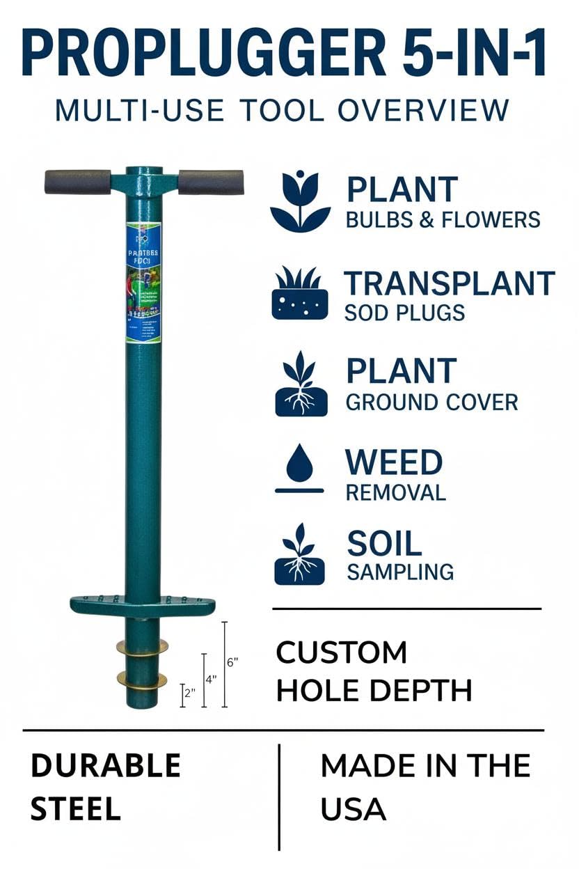 ProPlugger 5-In-1 Lawn & Garden Planting Tool - Bulb Planter - Manual Weeder - Soil Tester