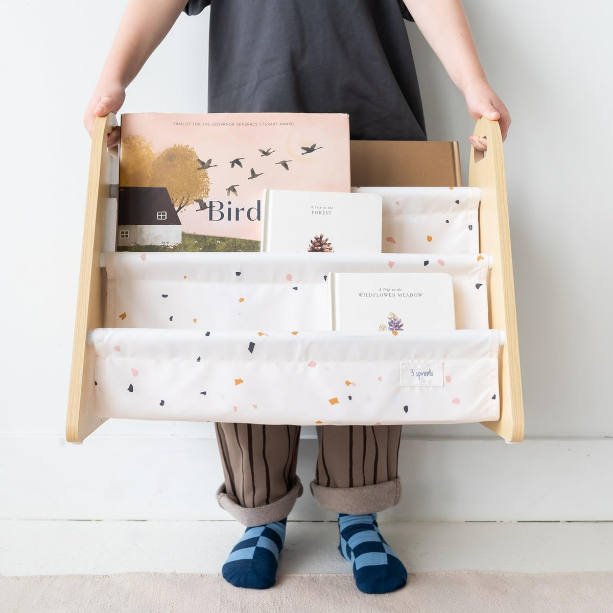 3 Sprouts Kids Portable Bookshelf - Double Sided Toddler Bookshelf for Children - Baby Book Shelf - Toddler Montessori Book Shelf - Small Nursery Bookcase Kids - Bibliotheque Enfant - Terrazzo Cream