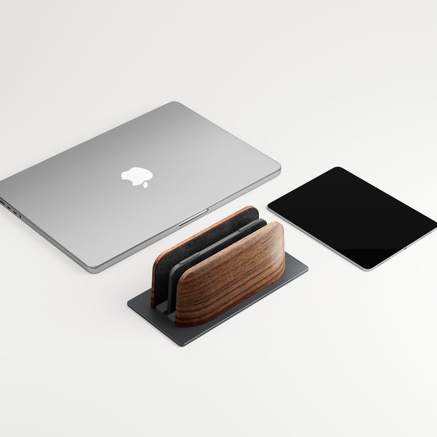 Vertical Laptop Stand, Dual Slot Walnut Wood Laptop Holder for Desk, Natural Wooden & Aluminium Width Adjustable Dock for MacBook and Other Laptops