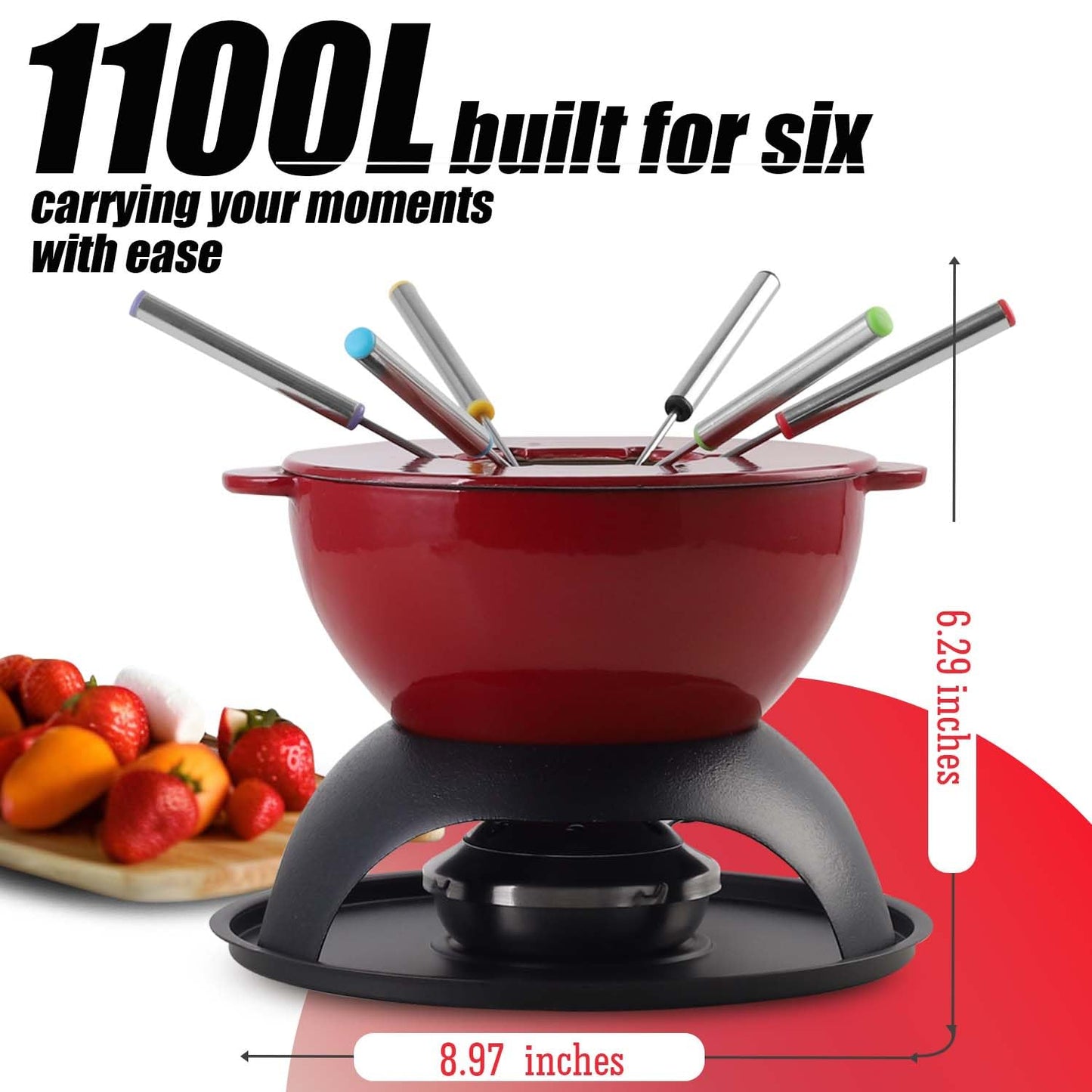 Artestia Cast Iron Cheese Fondue Pot Set, 5-Cup Cheese & Chocolate Fondue Pot with Adjustable Burner and 6 Color-Coded Forks, Fondue Set for 4-6 People, Red