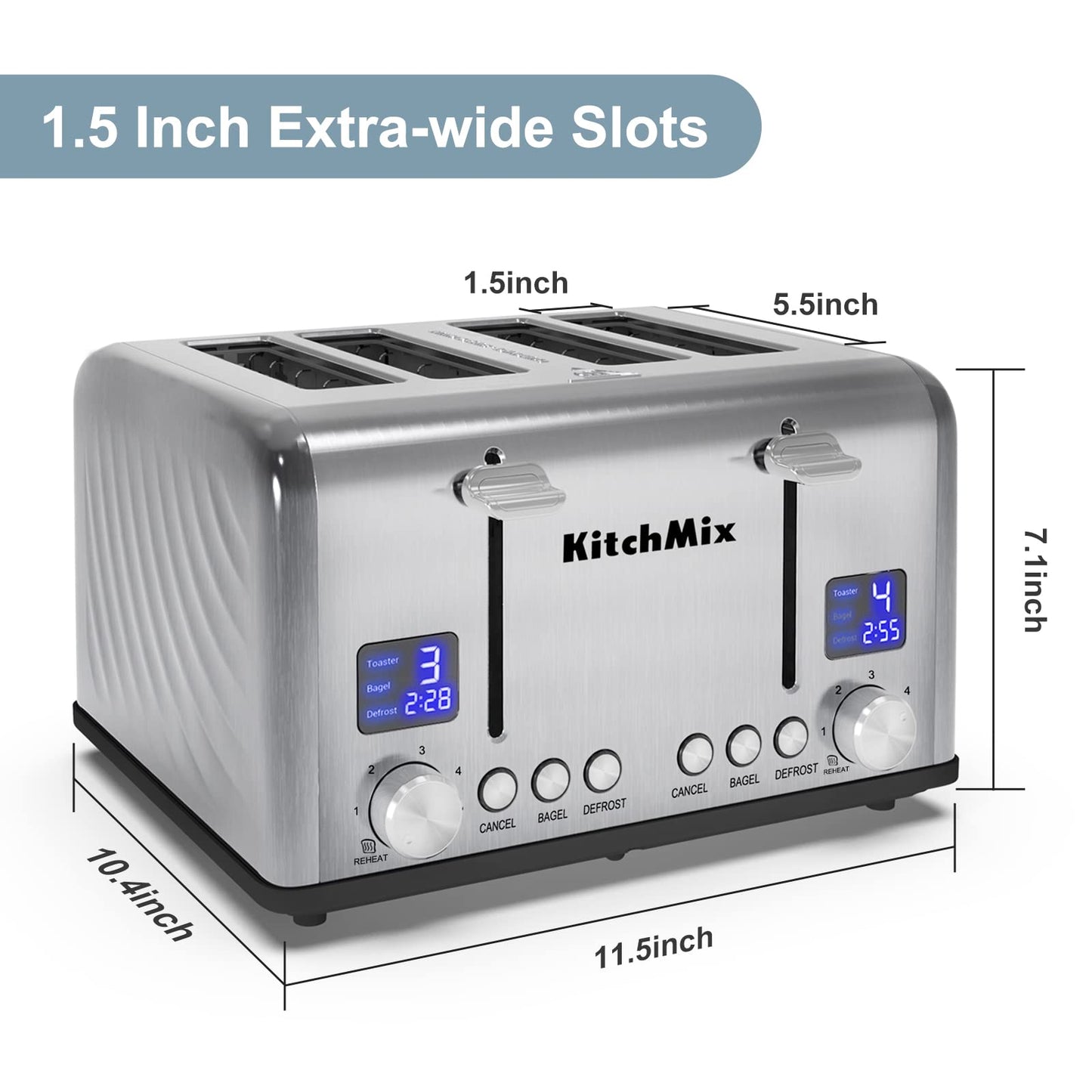 Toaster 4 Slice, Bagel Stainless Toaster with LCD Timer, Extra Wide Slots, Dual Screen, Removal Crumb Tray (Stainless steel)
