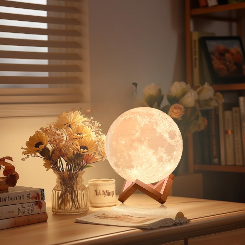 CPLA Moon Lamp Upgrade 128 Colors, 7.1inch/ 18cm 3D Night Light Wooden Stand & Remote/Touch Control and USB Rechargeable, Gifts for Women Girls Boys Girlfriend Birthday