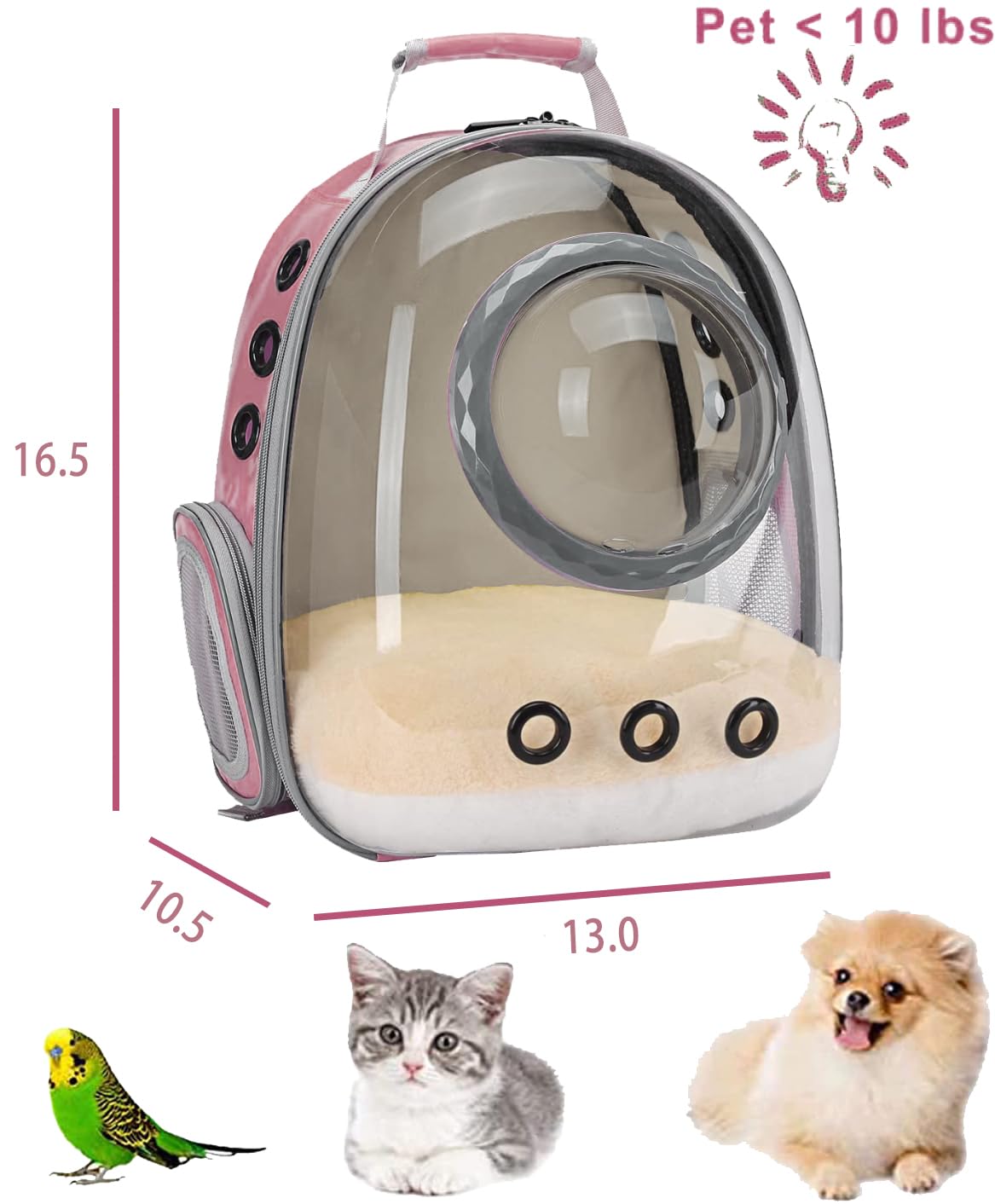 Space Capsule Astronaut Pet Backpack Carrier for Cat and Small Dog, Clear Bubble Dome Window with Soft Pillow, Airline Approved (Pink)