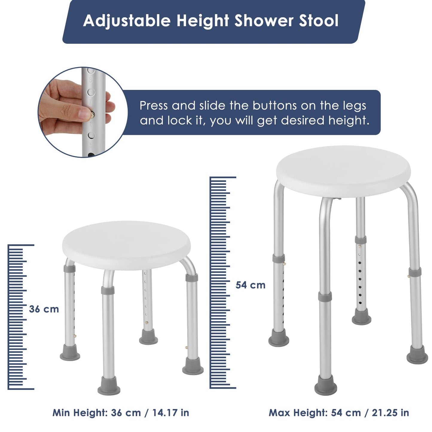 LIFERUN Adjustable Shower Stool，Bathtub Seat, Shower Chair, Non-Slip and Waterproof, Lightweight Aluminum, Bathroom, Seniors, Handicapped, Pregnant Women, Adults and Children,White
