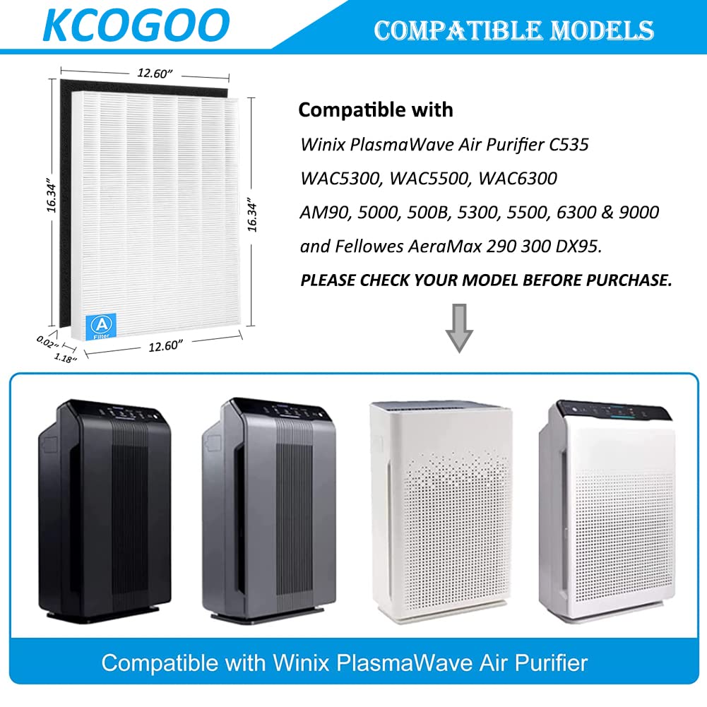 115115 size 21 HEPA Replacement Filter A Compatible with Winix C535, PlasmaWave 5300, 6300, 5300-2, 6300-2, P300, AM90 Air Purifier, 3 True HEPA Filters + 6 Carbon Pre-filters