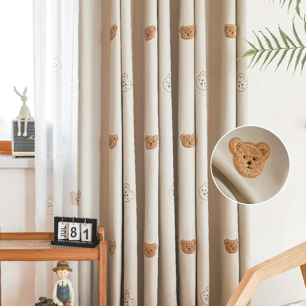 AiFMQQ Cartoon Bears Kids Blackout Curtains for Babys Bedoom Living Room Grommet Top Beige Embroidery 3D Bear Darkening Curtain for Nursery Baby Room 1 Panel (Beige, W42 L84 inch)