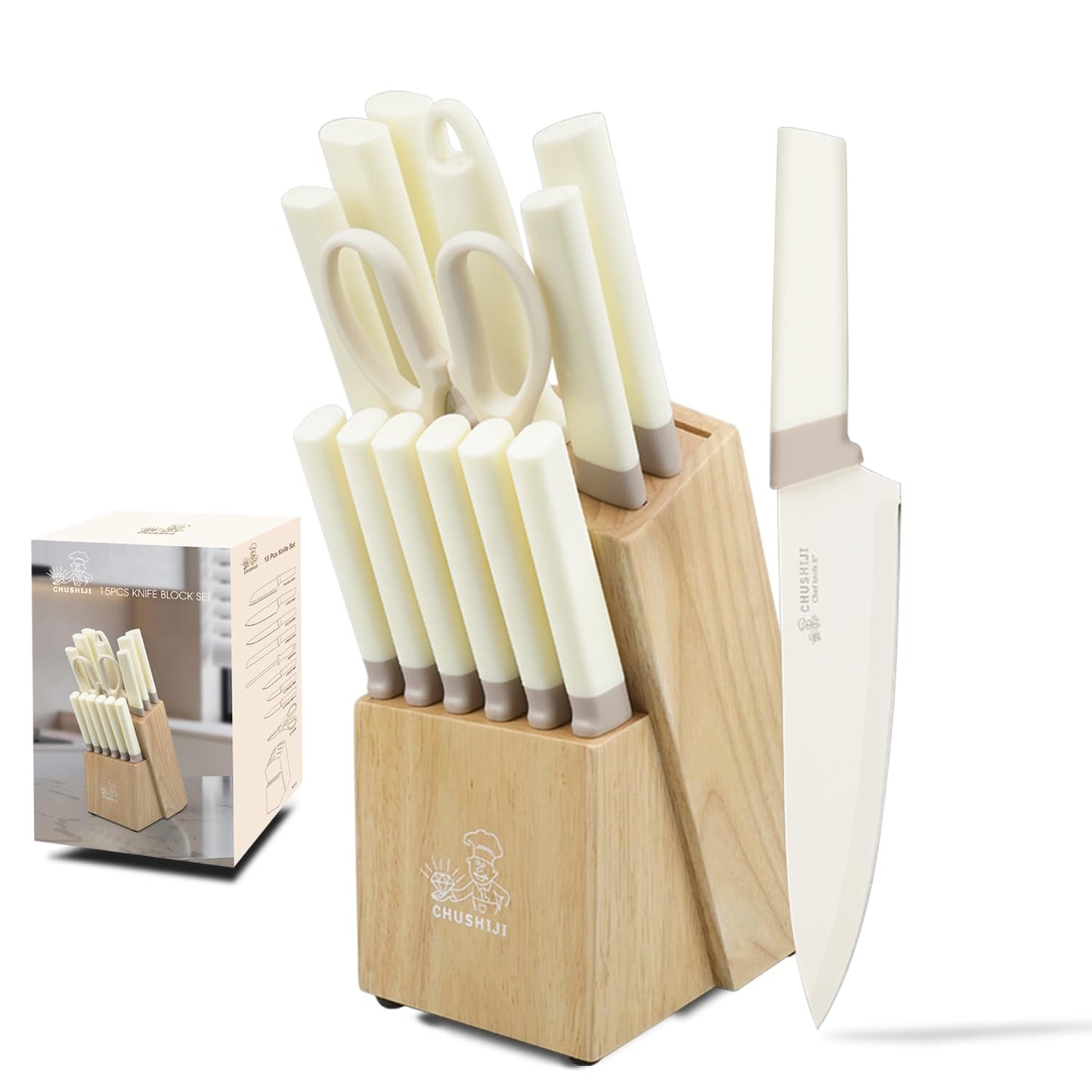 Knife Set, 15 Pieces Kitchen Knife Set with Block and Gift Sharpener, High Carbon Stainless Steel and Ergonomic Handle Knife Block Set