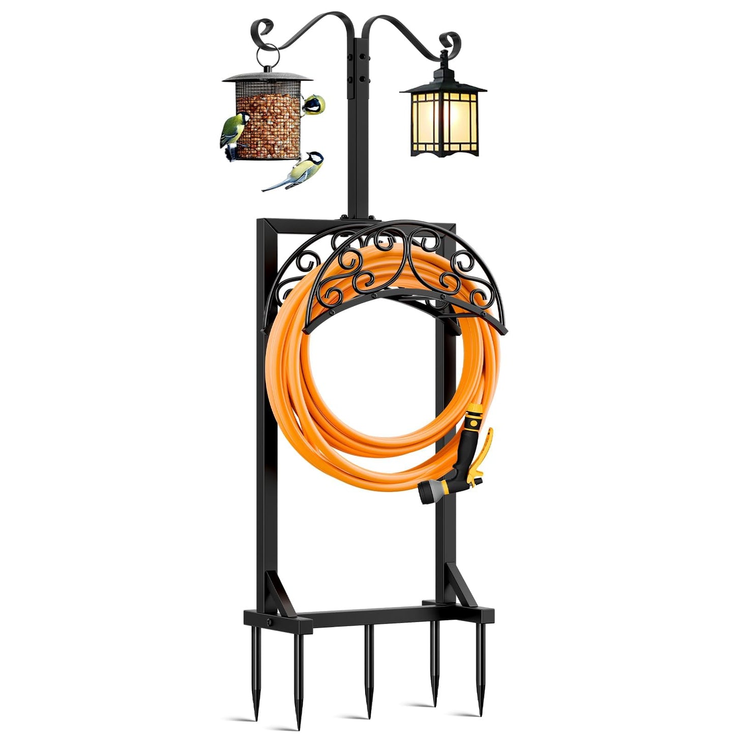 Jvgoo Garden Hose Holder for Outside - Upgraded Water Hose Stand With 5 Spikes & 2 Shepherds Hooks, Freestanding Heavy Duty Hanger Storage Reel Rack for Yard Lawn