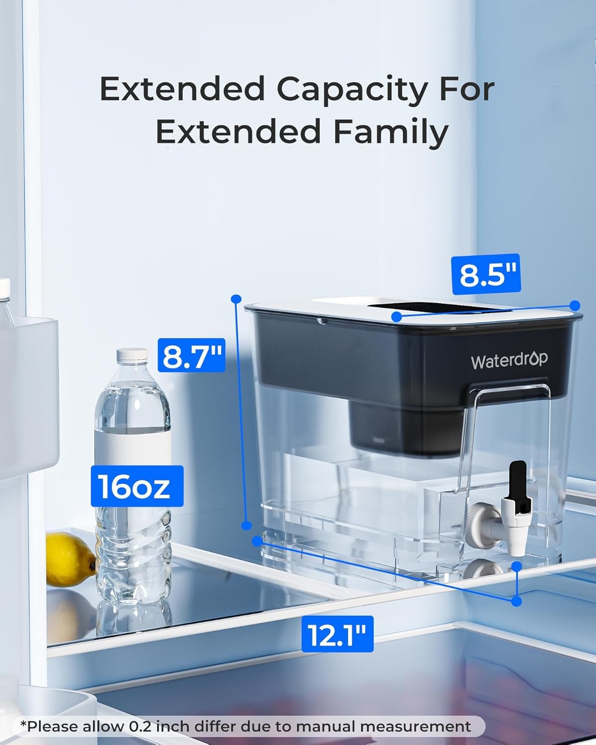 Waterdrop WFD-22L Large Water Filter Dispenser, 40-Cup Water Filter Pitcher, 200-Gallon Long-Life, Reduce Chlorine, PFOA/PFOS and More, BPA Free, Black