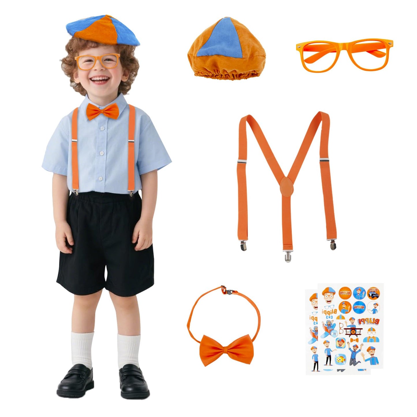 Kids Costume Set - Orange Bow Tie, Suspenders, Hat & Glasses for Dress Up & Halloween | Boys & Girls Roleplay Accessories