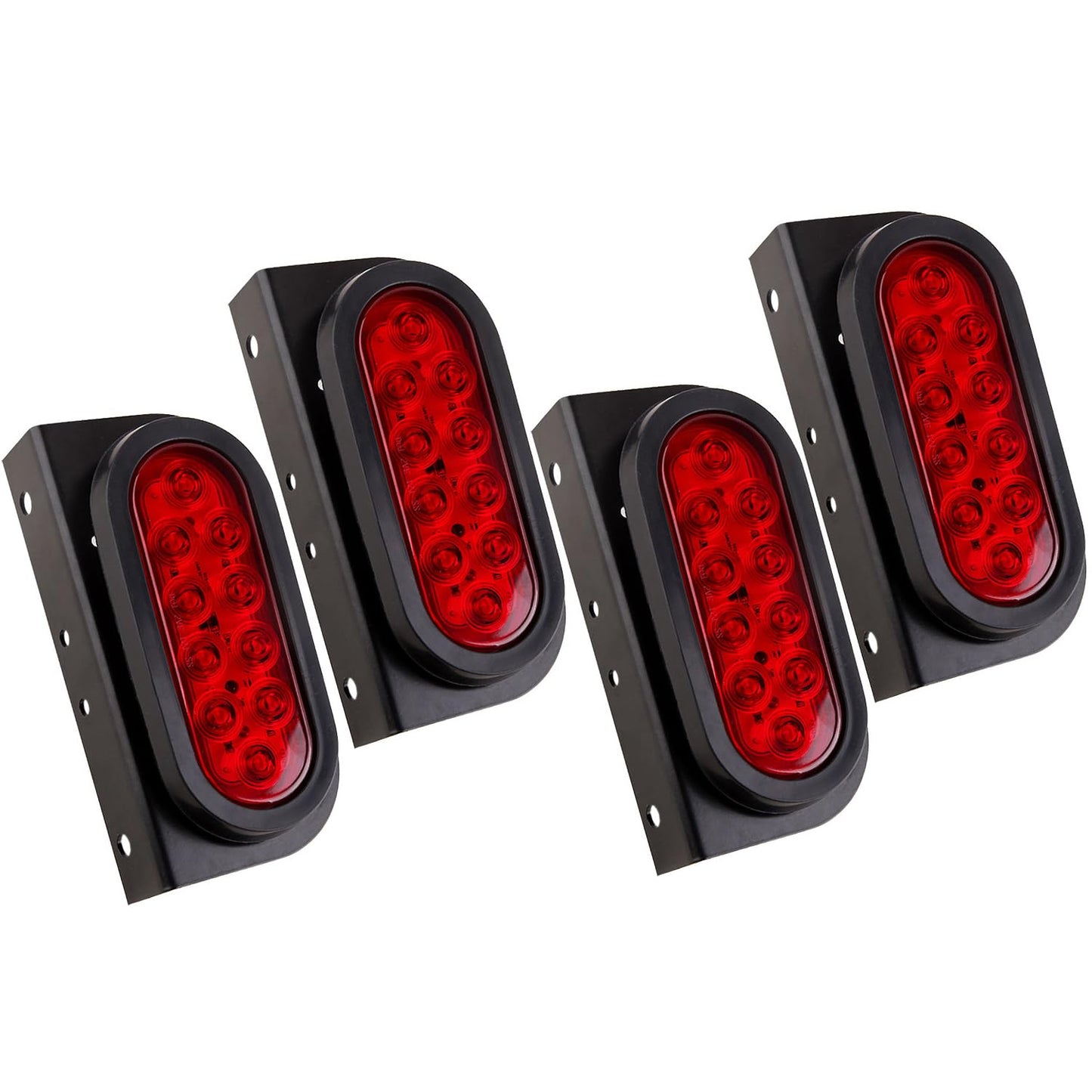 Konrali 4Pcs 6" Inch Oval Led Trailer Tail Lights w/Mounting Brackets, 6" Inch Oval Red Led Waterproof Stop Turn Tail Lights Brake Sealed Flush Grommet Mount w/3 Prong Wire Pigtails for RV Truck Boat