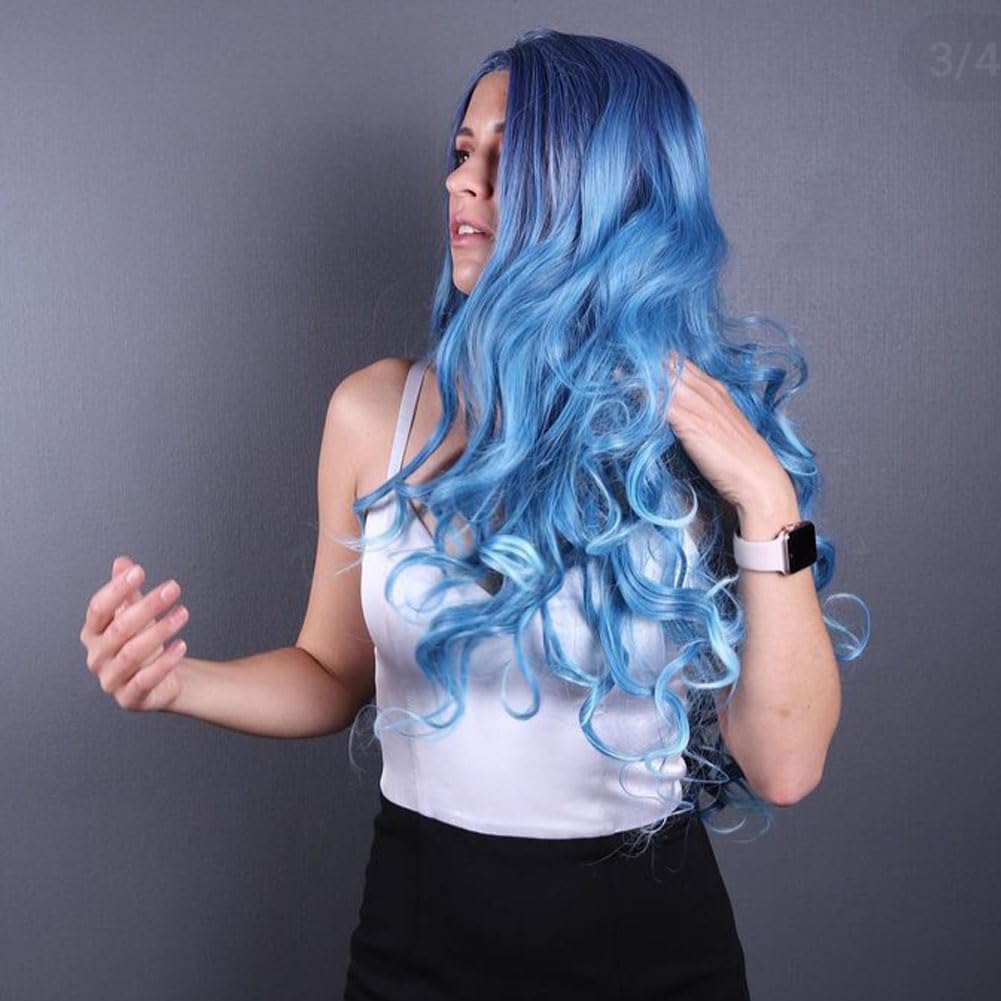 Angle Lucky Ombre Blue Wig for Women Long Curly Wavy Blue Omber Highlight White Free Part Wig Synthetic Pre plucked Lace Front Wig Heat Resistant Cosplay Halloween Mermaid Wigs 24 Inch